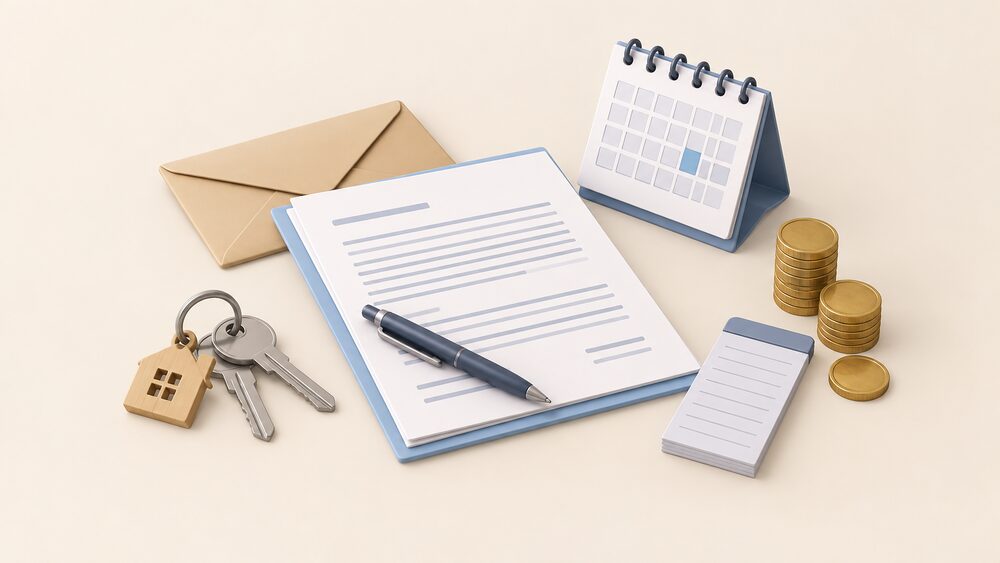 A small tabletop arrangement for a house move: a set of house keys, a blank envelope and blank paperwork, a calendar, and a coin stack sit together, with a small electricity meter reading pad beside them, suggesting the moment of closing one energy account and opening another.