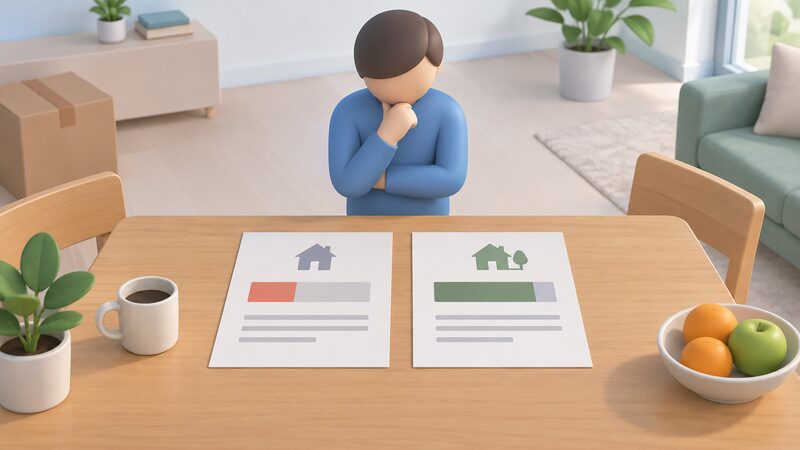 Two printed tariff comparison sheets laid side by side on a household table, one showing a plain bar for the remaining term of the old contract and the other a plain bar for a new fixed deal, with a simplified figure standing between them weighing the choice.
