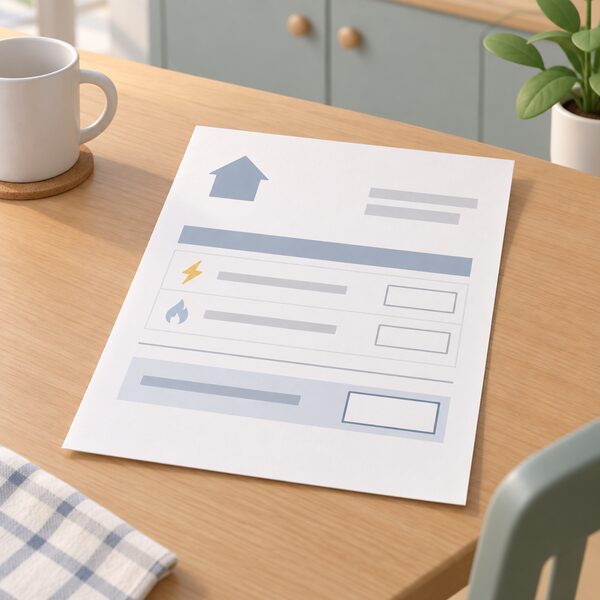 A domestic energy bill lying on a kitchen table, drawn as a physical sheet with plain line items for a unit rate and a standing charge shown as blank labelled bands, with a household bill total left as an empty box so the two capped charges stand out from the overall amount.