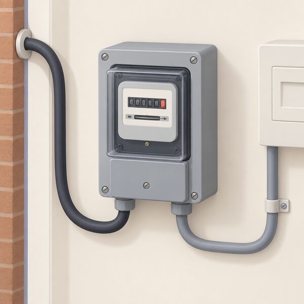 A traditional domestic electricity meter in its plain grey housing mounted on an interior wall of a home, with the incoming supply cable entering from outside and a cable running onward to the consumer unit, drawn simply to show the meter itself.