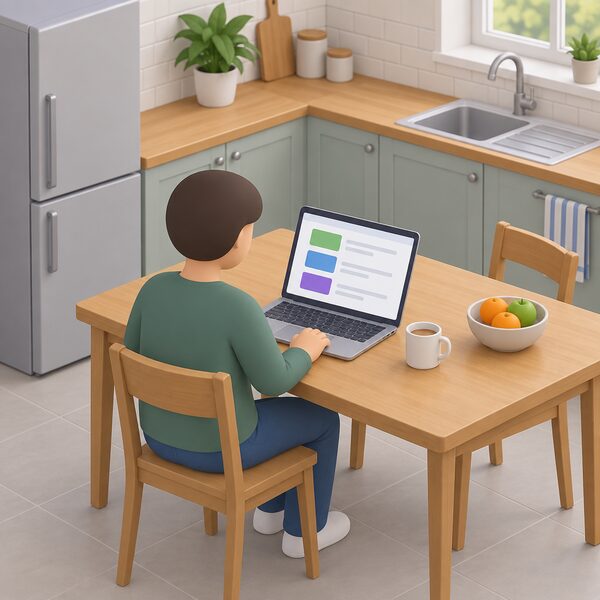 A simplified isometric figure sits at a kitchen table with a laptop open on it, the screen showing a plain tariff page with colour blocks and blank lines representing a list of rates, alongside a mug, in an ordinary UK kitchen.