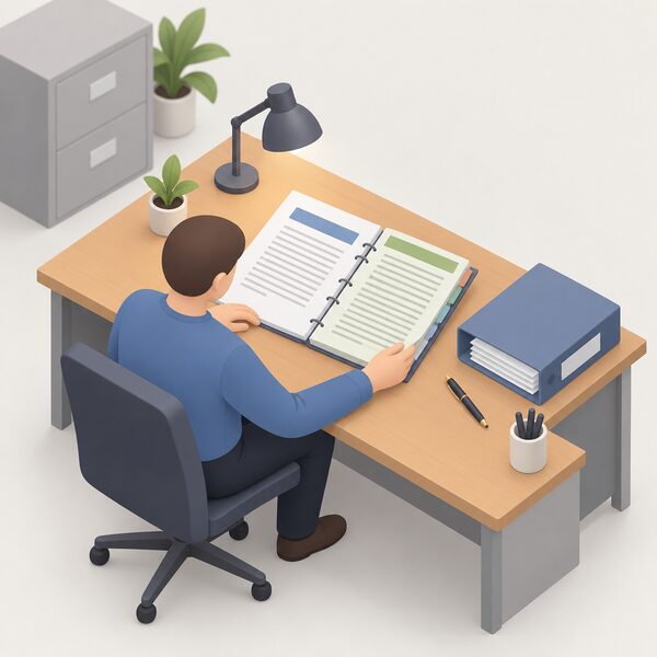 A printed electricity supply licence document lying on a regulator's office desk, bound with a visible standard licence conditions section, beside a pen and a folder of audit papers, with a simplified figure seated at the desk reviewing it.