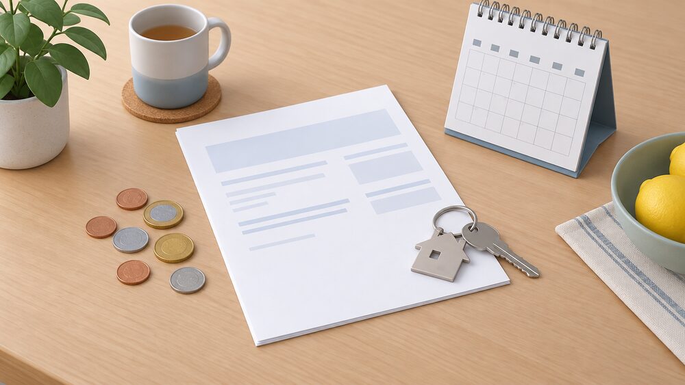 A small kitchen-table arrangement of a blank household energy bill, a scatter of coins representing a daily standing charge, and a desk calendar, with a house-shaped keyring resting on the paperwork.