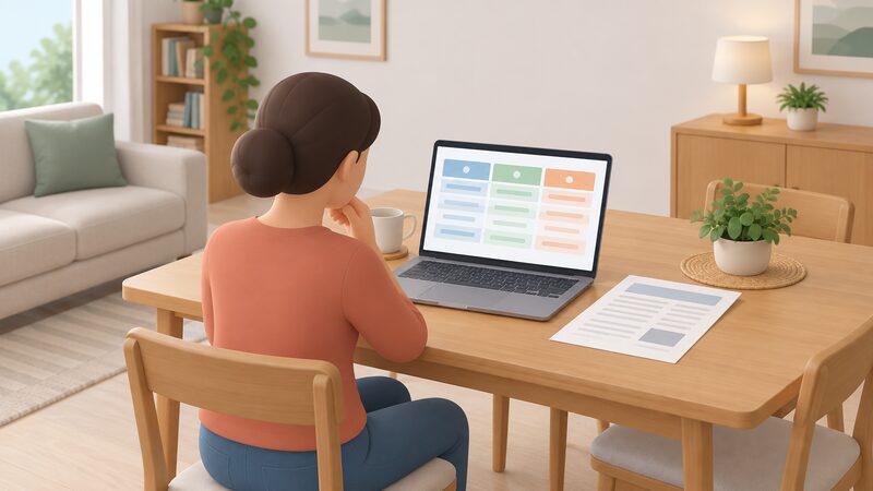 A householder seated at a table in a home setting reads a supplier's tariff comparison table displayed on an open laptop screen, with a paper energy bill lying beside the laptop, the screen showing plain colour-banded rows so the tariffs read as clearly separate options.