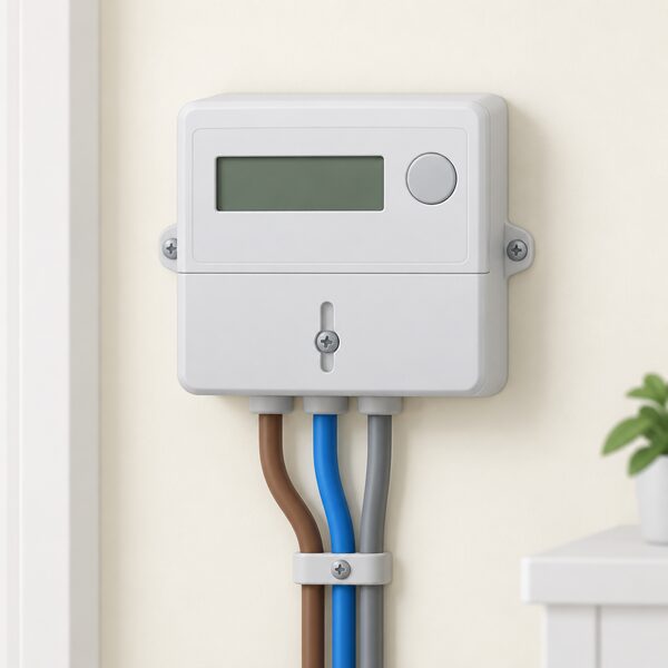 A single-rate domestic electricity meter mounted on an interior wall of a home, shown as a plain digital unit with its supply cables entering from below, with no display content readable.