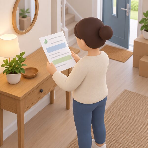 A printed energy bill lying on a hall table of a new home, held by a simplified figure, with plain colour bands and blank lines standing in for the standing charge and Direct Debit payment details so nothing is readable.