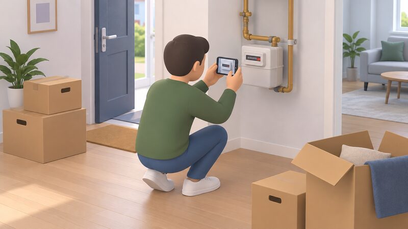A householder crouching beside a wall-mounted gas meter on moving day, holding a phone to photograph the meter's display, with a few moving boxes nearby in the home.