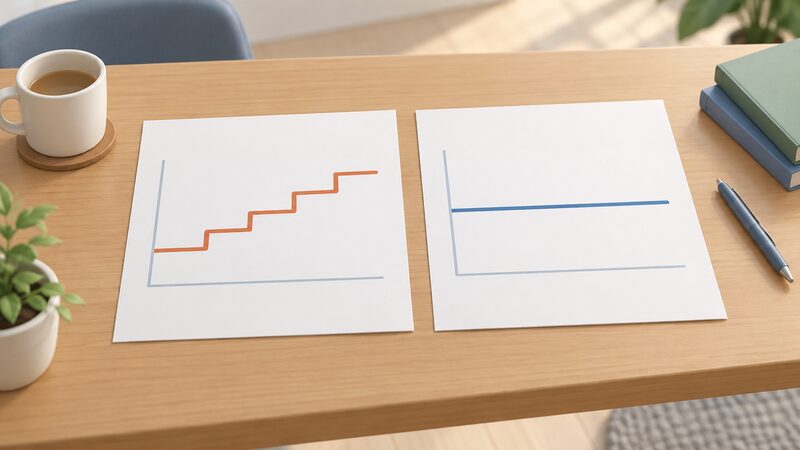 Two printed comparison sheets lying side by side on a table, one showing a stepped line rising in quarterly steps to represent a capped variable tariff, the other showing a single flat line across its term to represent a fixed tariff.