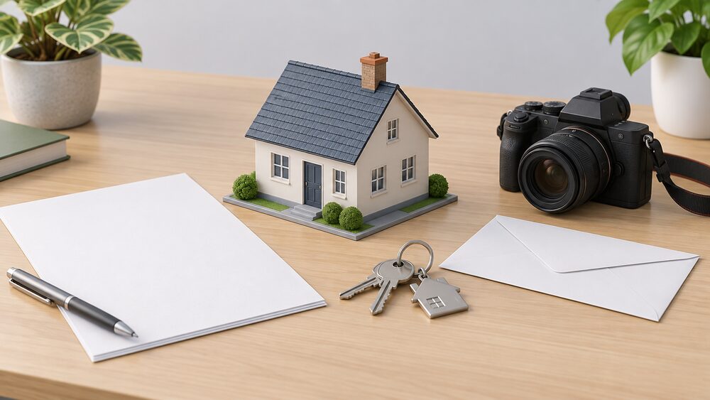 A small plain model house sits centrally on a table beside a ring of house keys, a blank envelope and blank paperwork, with a camera resting nearby ready to photograph the meters on moving-in day.