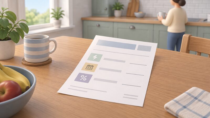 A paper household electricity bill lying on a kitchen table, drawn as a physical document with three distinct line entries shown as separate plain blocks and blank lines for the unit rate, the standing charge and the VAT amount, with no readable words or figures.