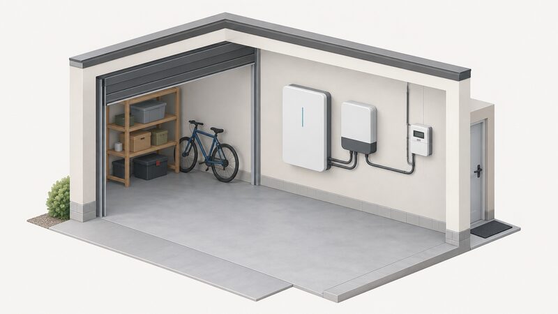 A simplified isometric garage interior showing a wall-mounted home battery with an inverter unit beside it, and a smart meter on an adjacent wall, connected by simple cabling, with no people present.