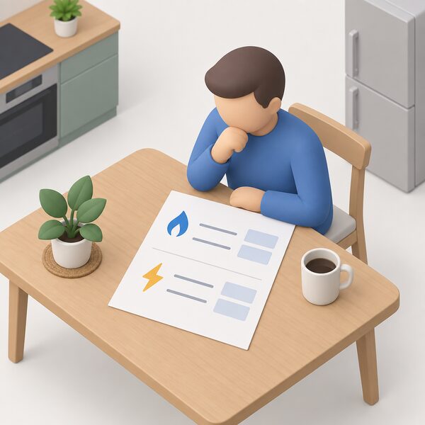A domestic energy bill lying on a kitchen table, drawn as a physical sheet with blank line items showing separate unit rate and daily standing charge blocks for gas and for electricity, with a simplified isometric figure seated beside it reading it.
