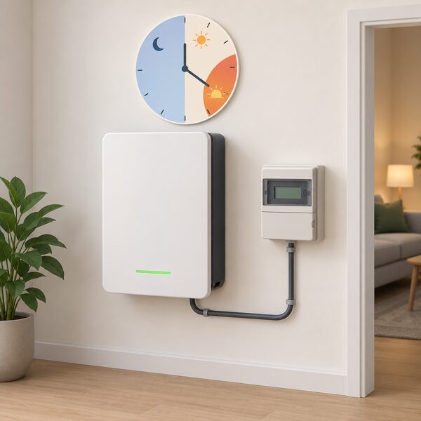 A wall-mounted home battery unit indoors, shown with a plain clock-like day band above it indicating a cheap overnight charging period and an expensive evening discharge period, connected by a cable to the household electricity meter.
