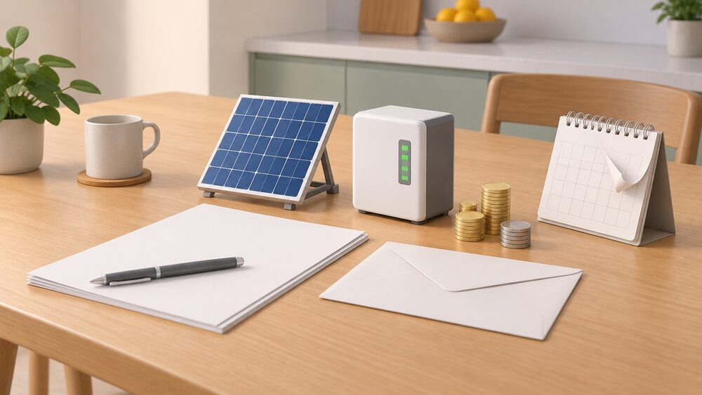 A small model of a rooftop solar panel and a compact home battery sit on a kitchen table beside blank paperwork, a sealed envelope, a house key and a small stack of coins, with a calendar page showing a quarter turning nearby.