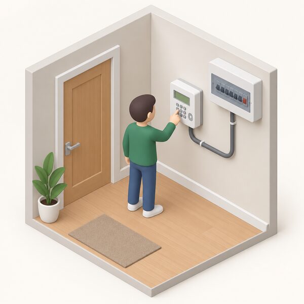A simplified isometric figure stands indoors entering a Powercode top-up into a Keypad prepayment electricity meter mounted on an interior wall, with the meter connected by visible cable to the household consumer unit and no card being used.