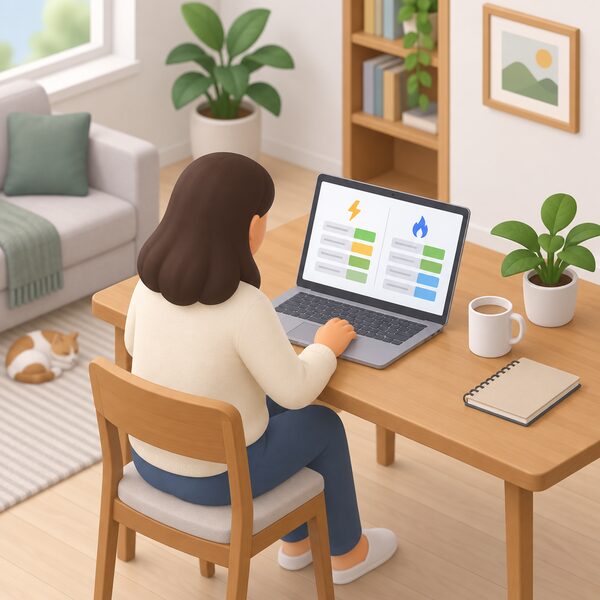 A householder seated at a laptop on a table in a home setting, using an online energy price comparison tool, with the screen showing a simplified comparison table of plain rows and colour bands for electricity and gas tariffs, no readable text or figures.