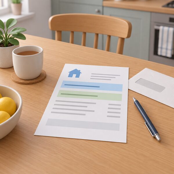 A domestic electricity bill lying on a kitchen table, printed as a physical sheet with blank lines and plain colour bands standing in for the tariff name and unit rate, beside a pen and an envelope, showing the document through which regulated price changes reach the household.