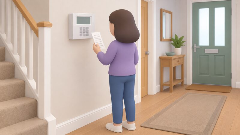 A simplified householder standing in a home hallway reading the display of a wall-mounted prepayment keypad electricity meter, holding a top-up receipt, with the meter's keypad and screen shown as plain blank blocks.