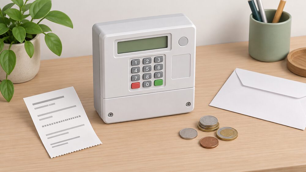 A close-up tabletop arrangement showing a pay-as-you-go electricity keypad meter with its keypad face visible, beside a paper top-up receipt, a handful of coins and a blank envelope, with no quarterly bill anywhere in the scene.