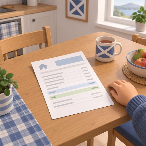 A domestic electricity bill lying on a kitchen table in a Scottish home, drawn as a physical paper document with plain line items and a VAT line shown as a plain colour band at zero, with a household hand resting beside it.