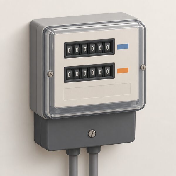 A close-up of an older Economy 7 electricity meter mounted on an interior wall, its display showing two rows of registers, one above the other, each with a plain marker beside it, with no readable digits.