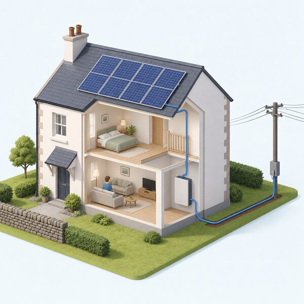 A cutaway view of a Scottish house with solar panels on the roof, a battery on an indoor wall connected to them, and a cable running from the house to the local electricity grid so the home remains grid-connected.