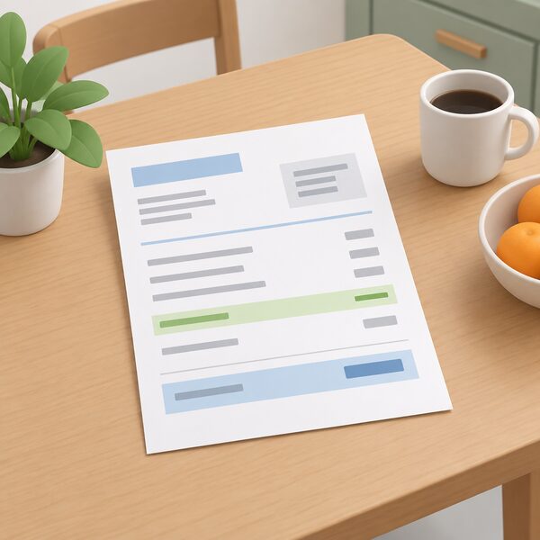 A paper energy bill lying on a kitchen table, drawn as a physical document with blank lines and plain colour bands, showing a rebate line reducing the balance, with no readable words or figures.