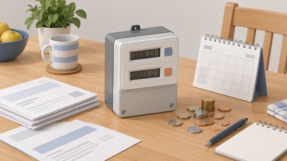 A small domestic electricity meter with two blank registers sits on a kitchen table beside a stack of blank electricity bills, a spread of coins and a plain wall calendar, suggesting a household checking whether its restricted meter tariff still suits it.