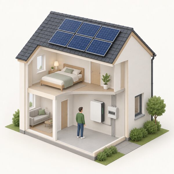 A cutaway view of a house showing a wall-mounted home battery unit indoors next to the consumer unit, with a row of solar panels on the pitched roof above.