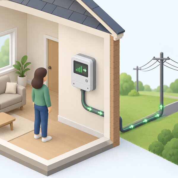A smart meter mounted on an inside wall of a home, shown in a simple cutaway with its outgoing supply cable running toward the grid, recording electricity the household exports.