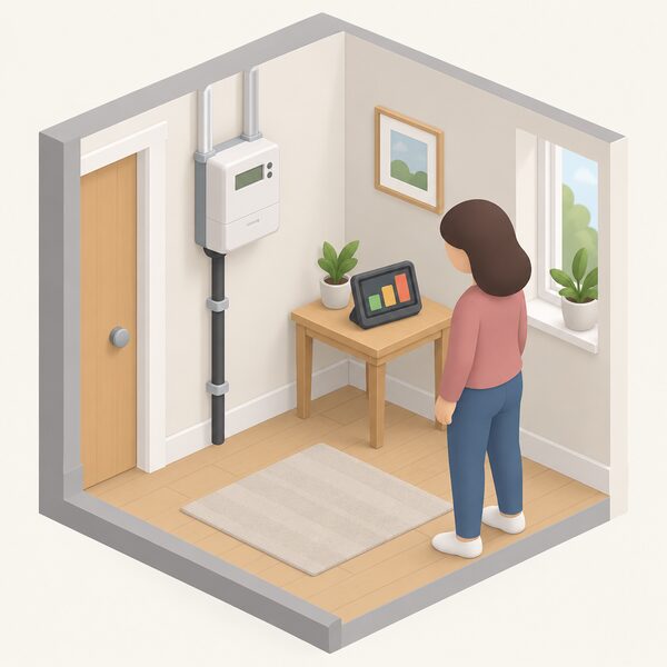 A smart electricity meter mounted on an interior wall of a UK home, connected to the incoming supply, with a portable in-home display on a nearby table showing plain colour bars of current electricity use and cost, a simplified householder figure glancing at the screen.