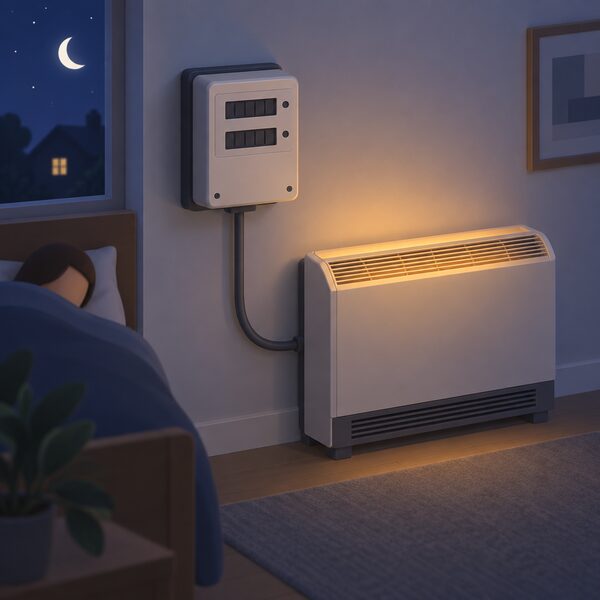 A two-rate Economy 7 electricity meter mounted on an interior wall, its two registers shown as blank display blocks, connected by a cable to a storage heater beside it that is charging overnight in a dimly lit room.