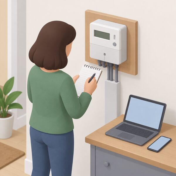 A householder standing at an indoor electricity meter, writing its reading on a notepad, with a phone or laptop nearby ready to submit the reading to the supplier after the smart meter stopped sending readings.