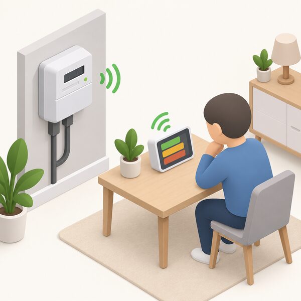 A home electricity meter on a wall with its wireless display unit nearby on a table, both shown working together in smart mode, with a small isometric figure glancing at the display's plain colour bands representing real-time energy use and accurate billing information.