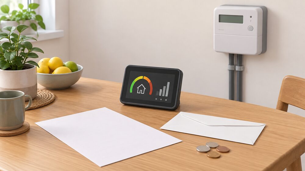 A small in-home display unit standing on a kitchen table beside a blank electricity bill, a plain envelope and a few coins, with a wall-mounted electricity smart meter visible on the wall behind the table.