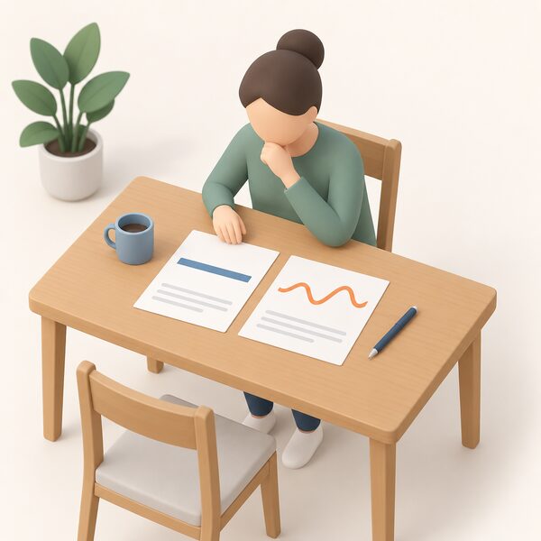 A household kitchen table scene where a simplified figure sits comparing two printed tariff sheets laid side by side, one showing a flat unchanging band and the other a wavy line, with a pen and a mug nearby.