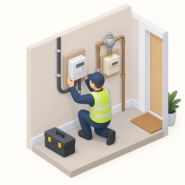 A small isometric figure of an installer fitting a smart electricity meter on an interior wall of a home, connected to the incoming supply, with a separate gas meter nearby, showing the installed equipment that lets a household benefit from flexible tariffs.