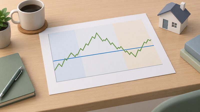 A printed chart sheet lying on a table showing a jagged rising-and-falling line for the tracker unit rate crossing a flat level line for the fixed rate, with plain colour bands and no readable words or numbers.