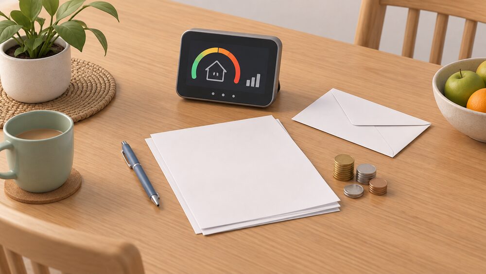 A kitchen table seen from above with a smart meter's in-home display standing upright beside blank tariff paperwork, a sealed envelope, a small stack of coins and a pen, arranged as a household reviewing its energy tariff.