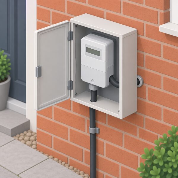 A domestic electricity meter mounted in its cabinet on the outside wall of a house, shown in a simple isometric view with the incoming supply cable entering it from below and a cable continuing into the brick wall toward the home.