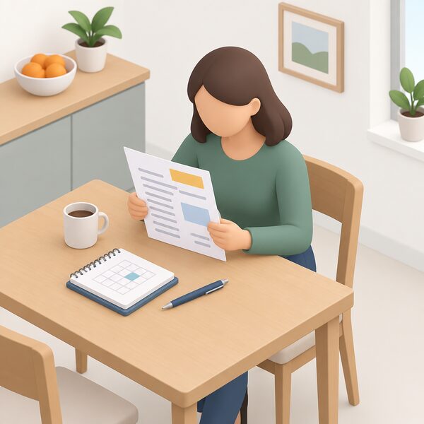 A household member seated at a kitchen table holding and reading a printed energy bill, with a pen and a diary or calendar beside it, checking the document's terms before deciding whether to switch tariff.