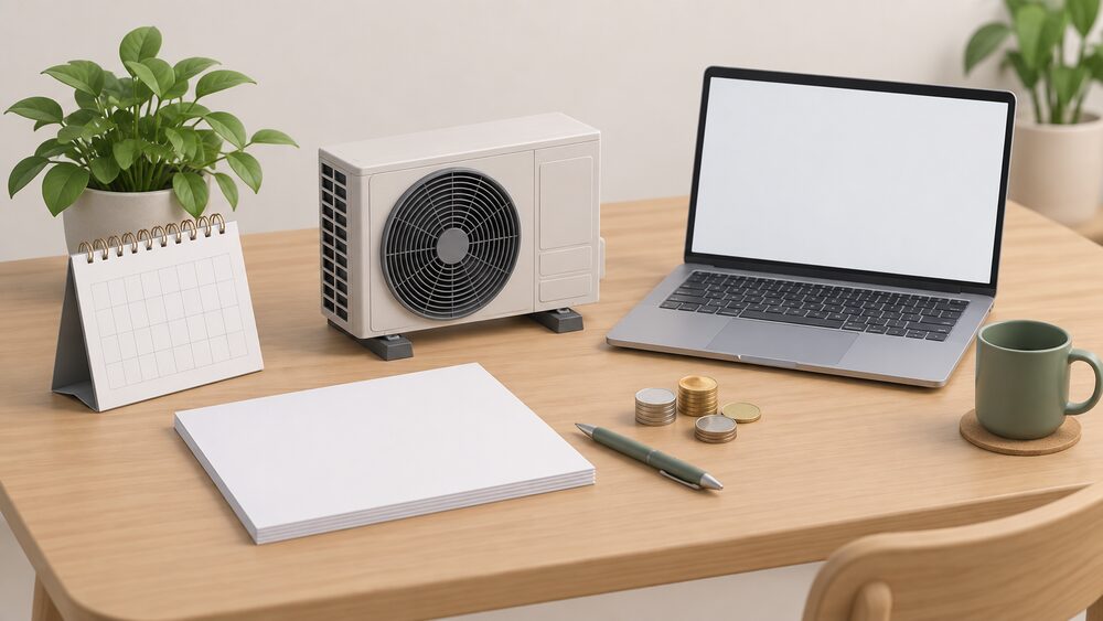 A small model of an air source heat pump unit stands on a table beside blank paperwork, a laptop with a blank screen, a calendar and a few coins, suggesting a household comparing a heat pump tariff.