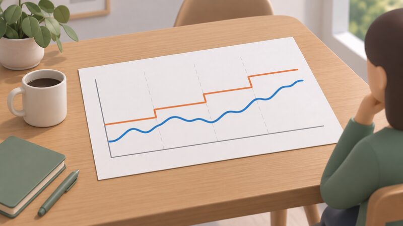 A printed chart sheet lying on a table showing two plain lines across four quarters, one tracking the Ofgem price cap level stepping at each quarterly reset and one tracker tariff line moving more frequently, with no readable numbers.