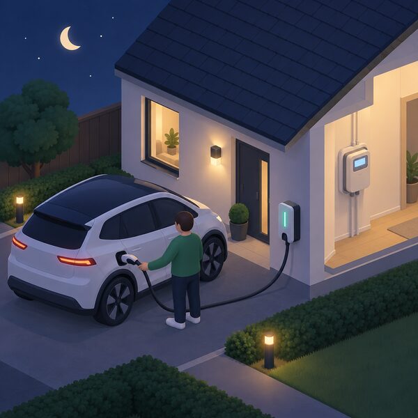 A small isometric figure plugs an electric car into a wall-mounted home charger on a house exterior at night, with a smart meter with a lit screen inside the house, showing the equipment needed for a type-of-use EV tariff.