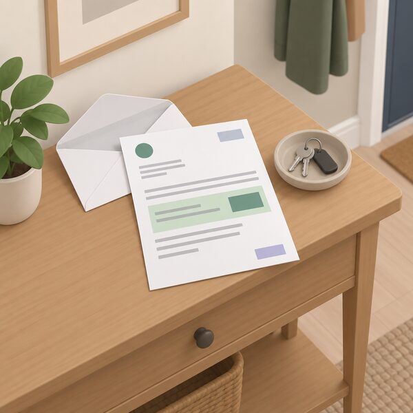 A printed supplier letter lying on a domestic hallway table beside a set of keys, showing a fixed tariff quote as blank lines and plain colour blocks with a version-number-style block, an envelope open beside it.
