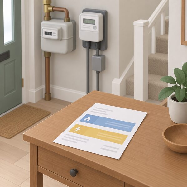 A single paper invoice lying on a hall table, its face showing plain blank lines and two plain colour bands representing gas and electricity charges, with a domestic gas meter and an electricity meter visible in the same hallway behind it.