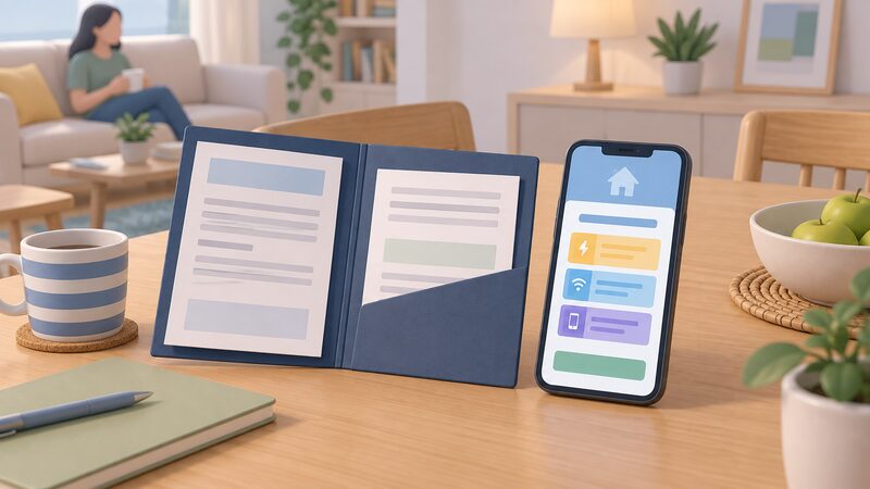 A household table scene with an open paper bill folder beside a smartphone whose screen shows one combined account page covering energy, broadband and mobile, all content rendered as blank lines and plain colour blocks with no readable text.