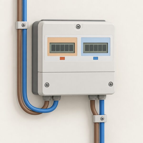 A traditional two-rate electricity meter mounted on an interior wall, with two separate digital registers side by side, one for peak and one for off-peak consumption, connected to incoming and outgoing electricity cables.
