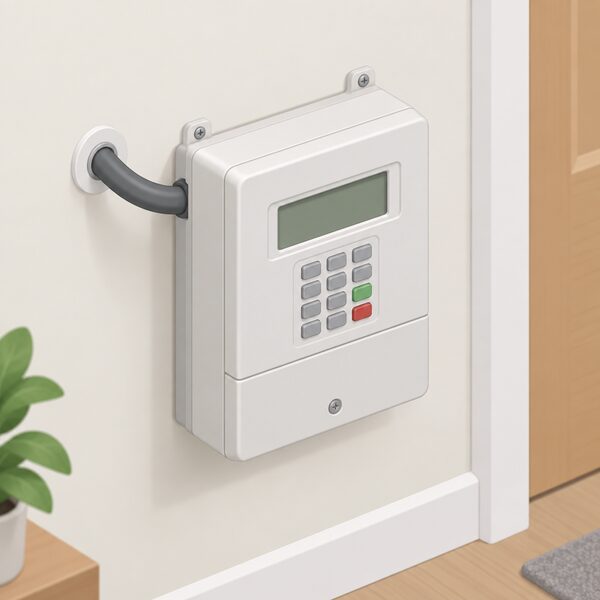 A prepayment electricity meter mounted on an interior wall of a home, shown in a simple isometric view with its display and keypad visible and the incoming supply cable entering it, with no person present.