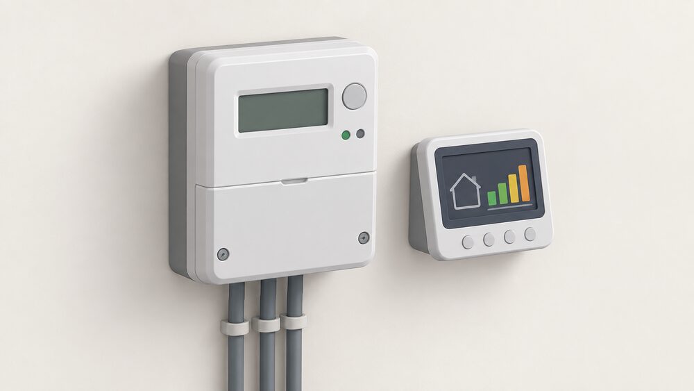 A close-up of a single smart electricity meter mounted on an interior wall, with its separate in-home display unit shown beside it, both drawn plainly with no other equipment or surroundings.